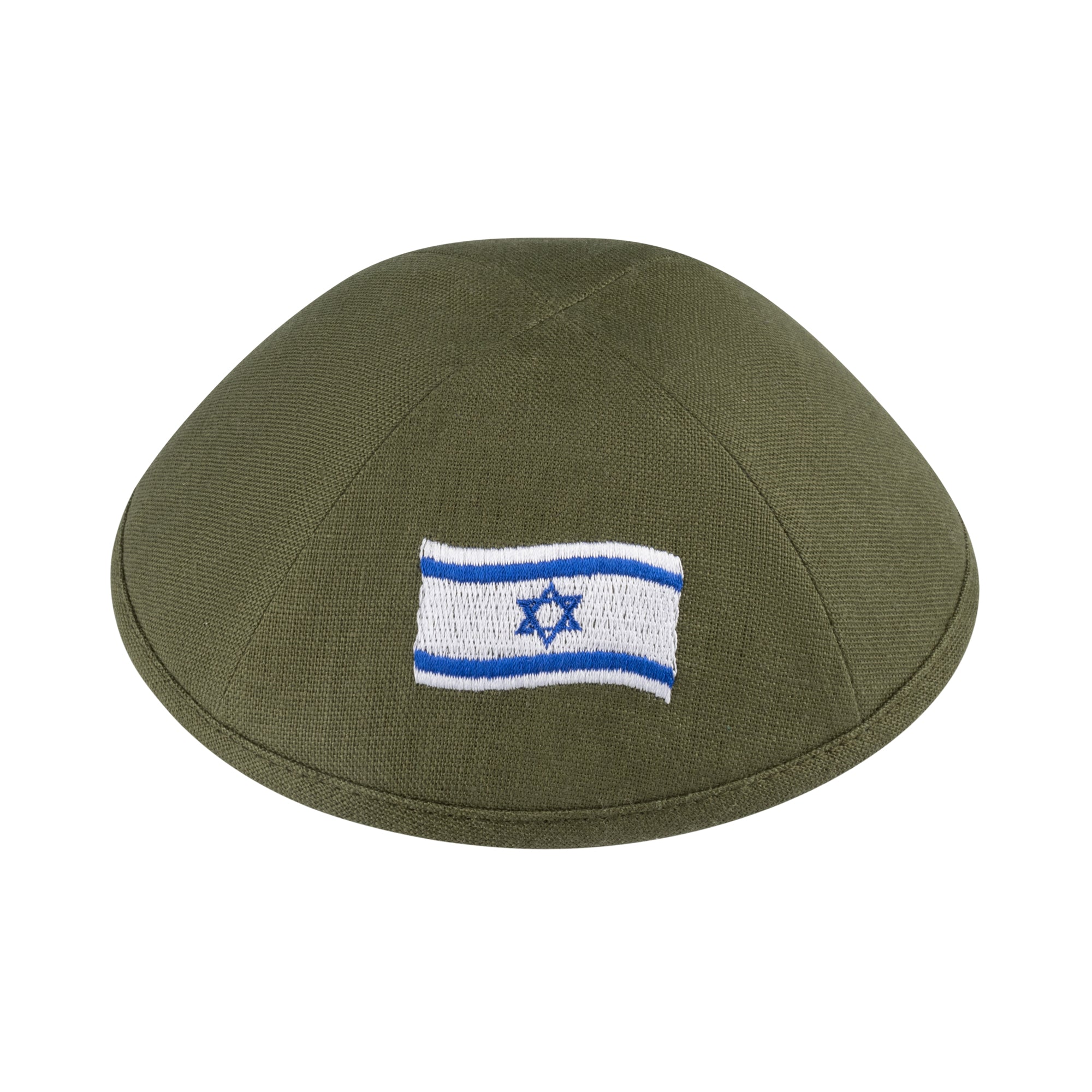 IKIPPAH OLIVE GREEN LINEN W/ ISRAELI FLAG WAVED YARMULKE
