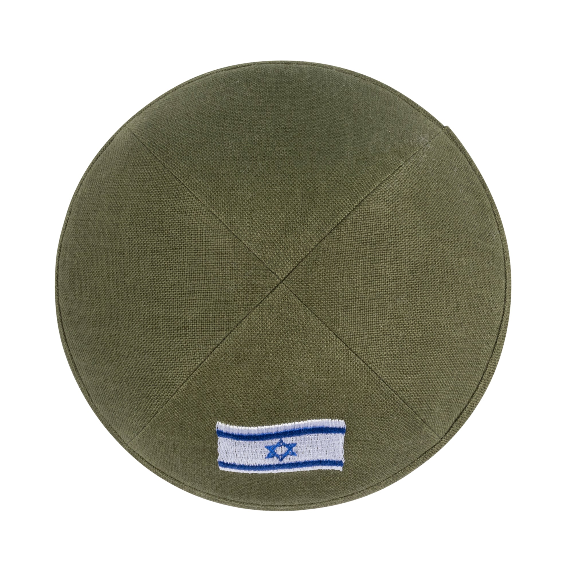 IKIPPAH OLIVE GREEN LINEN W/ ISRAELI FLAG WAVED YARMULKE