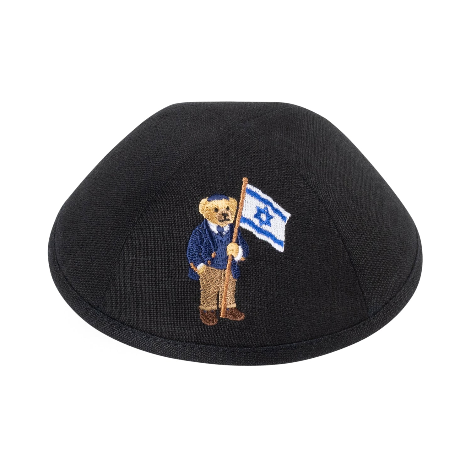 IKIPPAH BEAR ISRAEL FLAG- BLACK LINEN YARMULKE