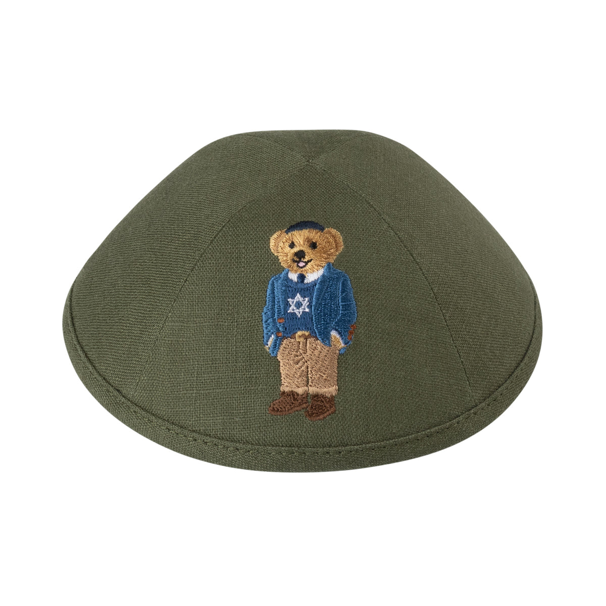 IKIPPAH BEAR WEARING JEWISH STAR SWEATER- OLIVE LINEN YARMULKE