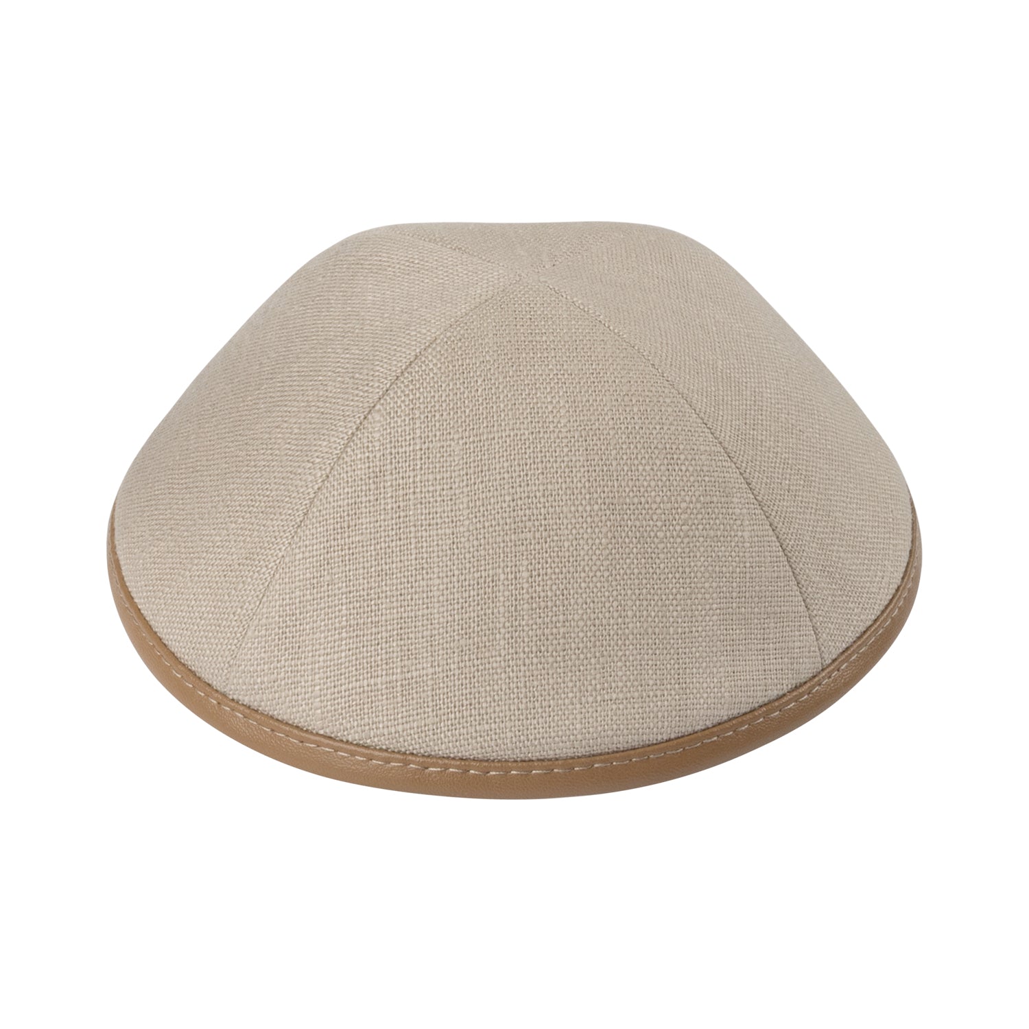 IKIPPAH LIGHT TAUPE LINEN W/ PECAN LEATHER RIM YARMULKE