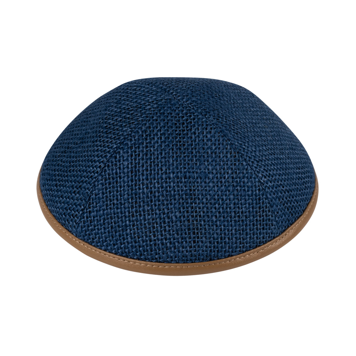 IKIPPAH NAVY BURLAP W/ CAMEL LEATHER RIM YARMULKE