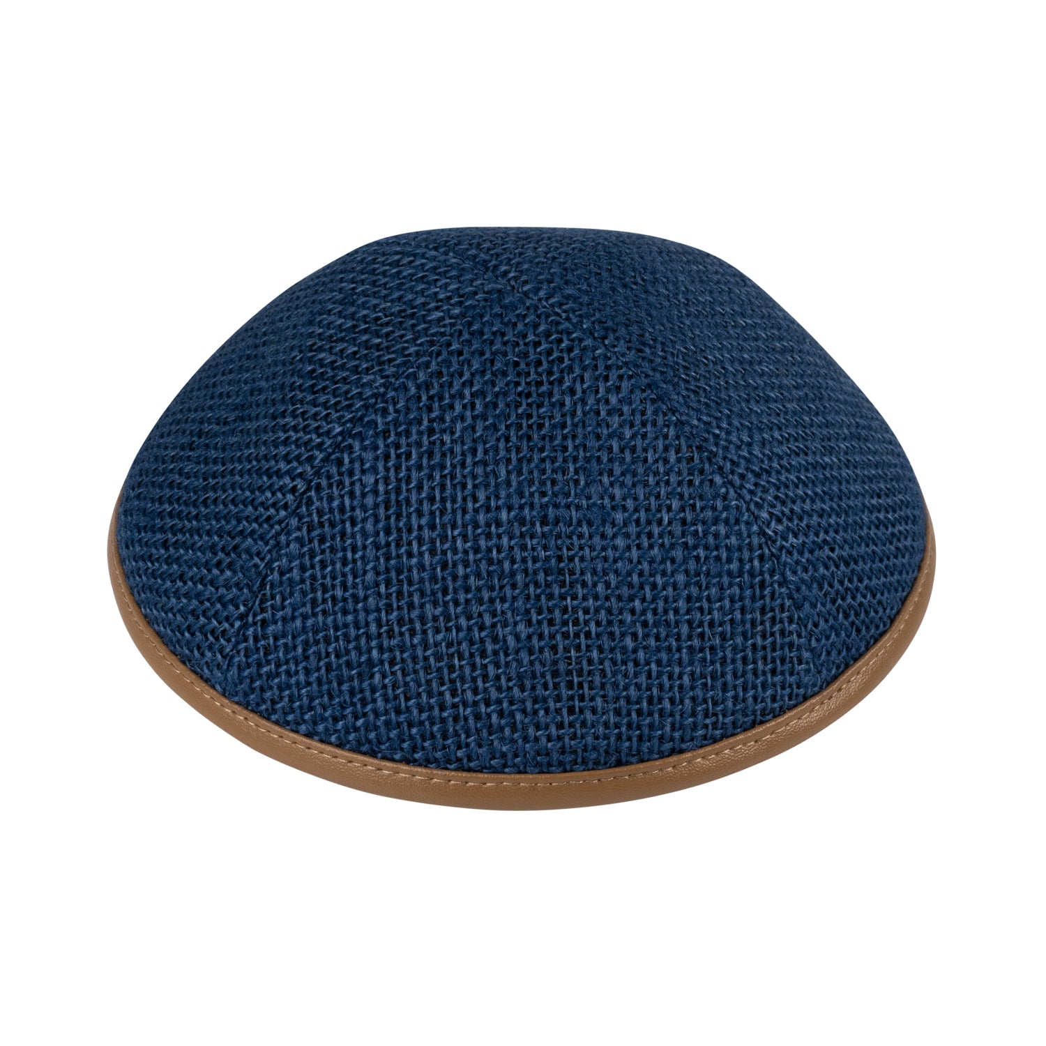 IKIPPAH NAVY BURLAP W/ CAMEL LEATHER RIM YARMULKE