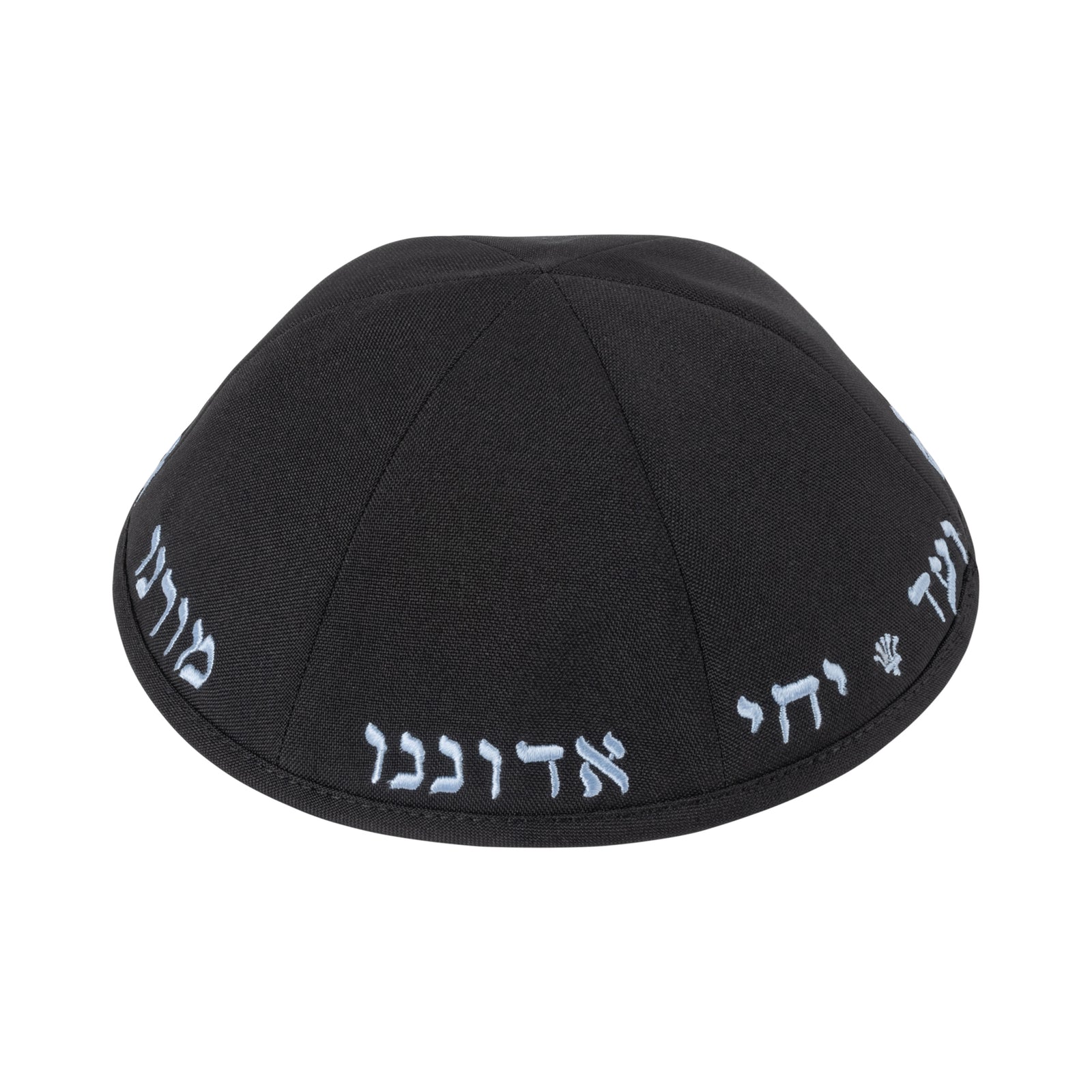 IKIPPAH YECHI BLACK TERYLENE W/ LIGHT BLUE EMBROIDERY - 6 PANEL YARMULKE