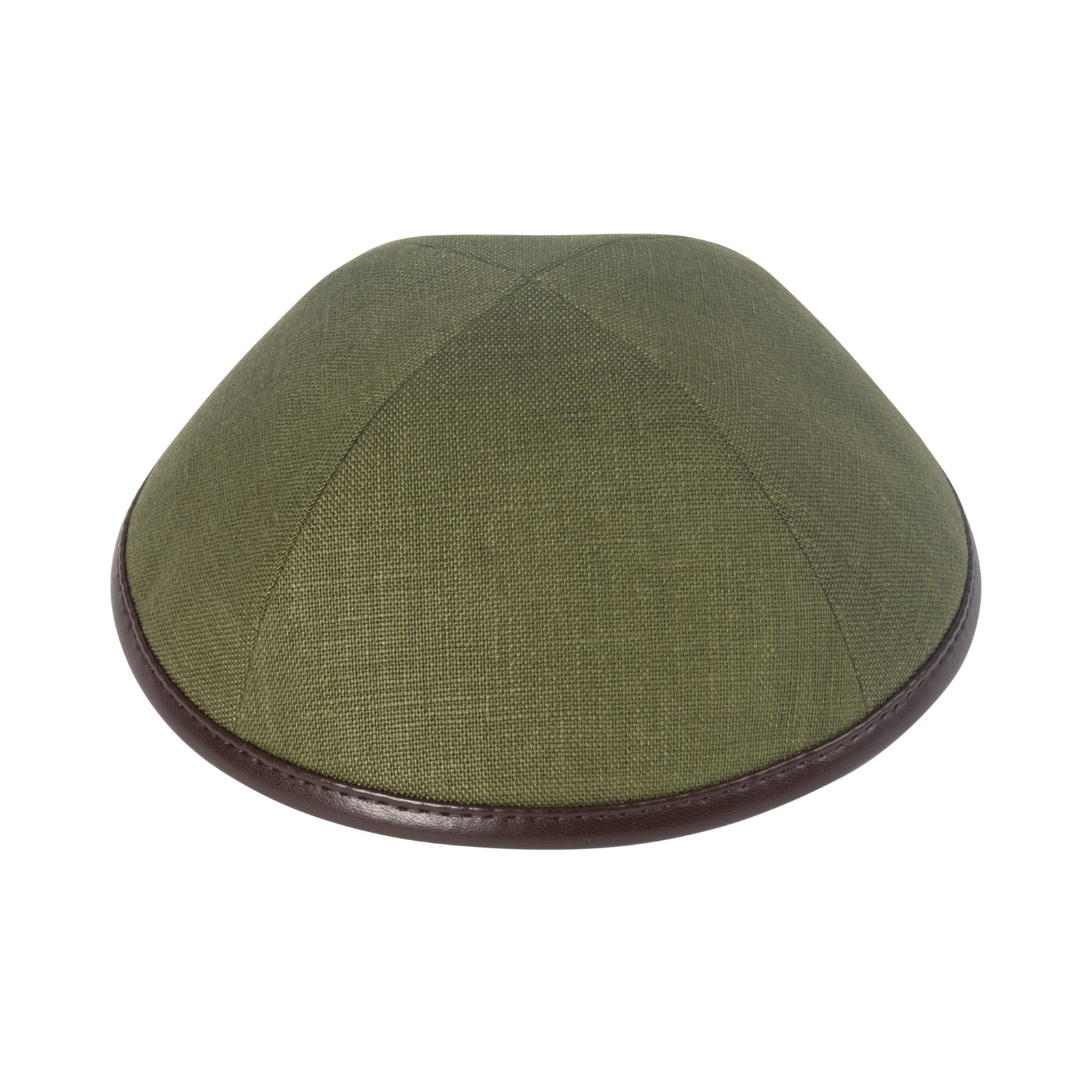 IKIPPAH OLIVE GREEN LINEN W/ BROWN LEATHER RIM YARMULKE