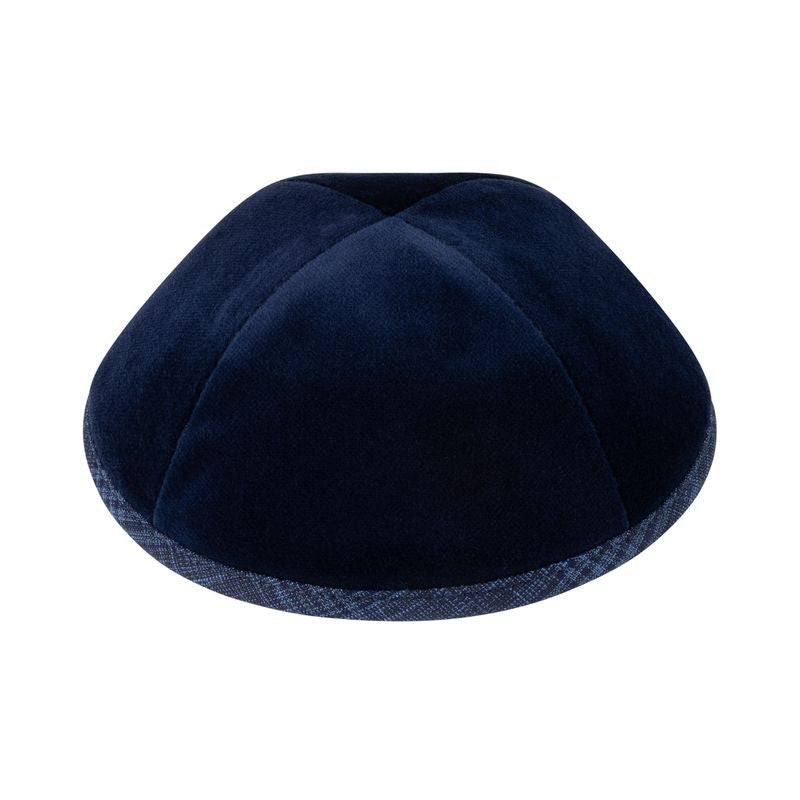 IKIPPAH NAVY VELVET W/ BLUE SKETCH PLAID RIM YARMULKE