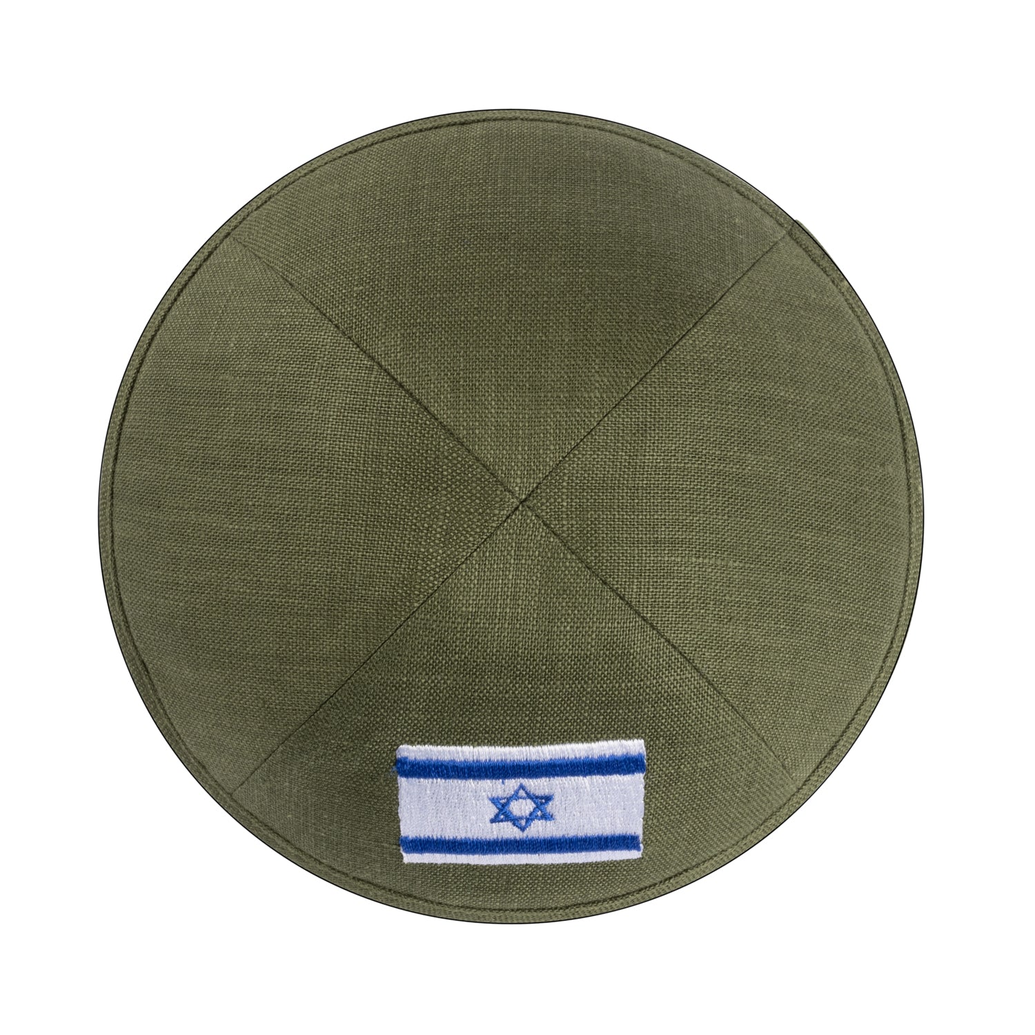 IKIPPAH OLIVE GREEN LINEN W/ ISRAELI FLAG YARMULKE