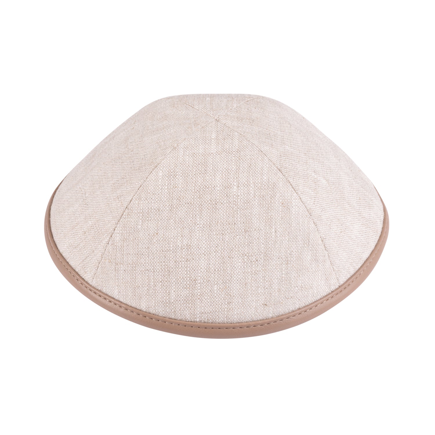 IKIPPAH TAN LINEN W/ LIGHT BROWN LEATHER RIM YARMULKE