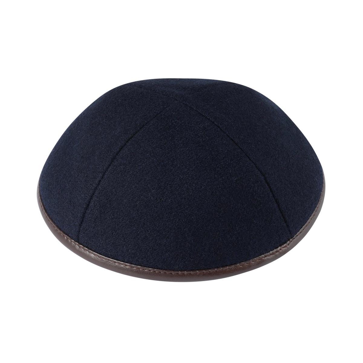 IKIPPAH NAVY WOOL W/ BROWN LEATHER RIM YARMULKE