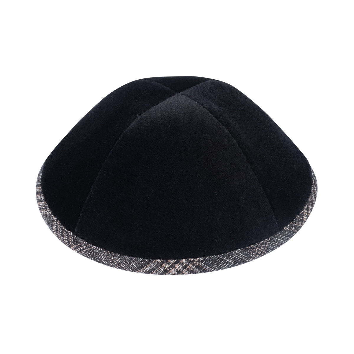 IKIPPAH BLACK VELVET W/ BLACK &amp; TAN PLAID RIM YARMULKE