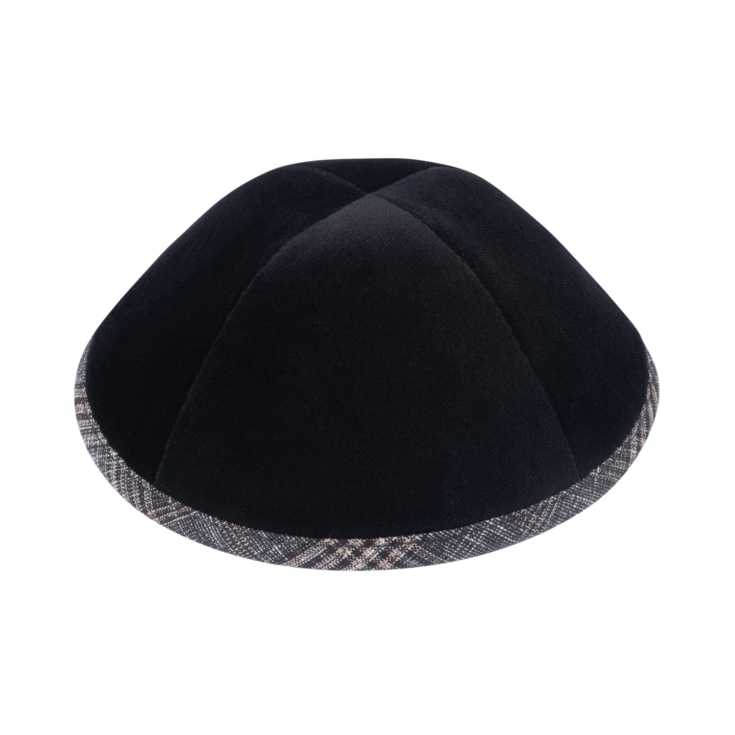 IKIPPAH BLACK VELVET W/ BLACK & TAN PLAID RIM YARMULKE