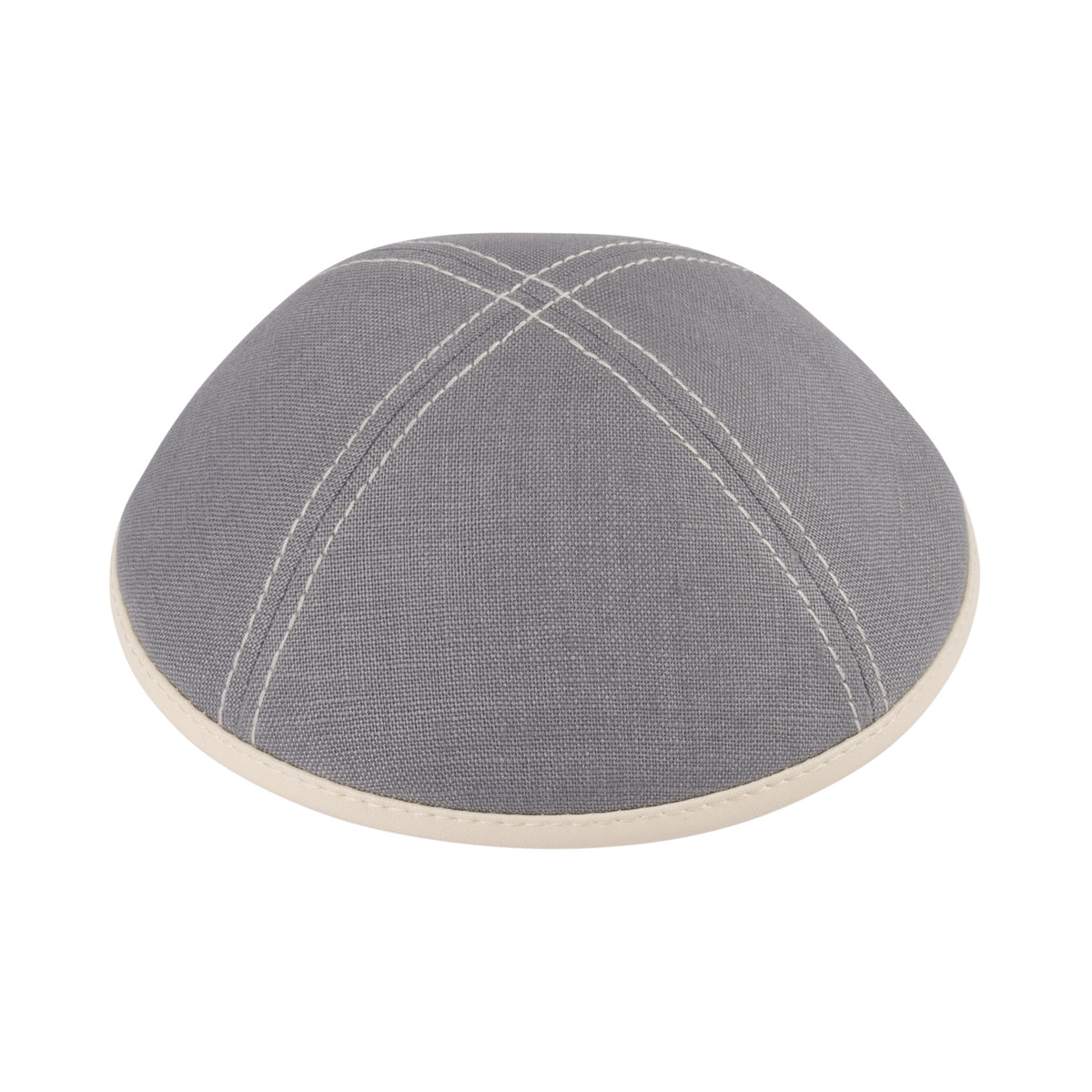 IKIPPAH GRAY LINEN W/ STITCHING &amp; LEATHER RIM YARMULKE