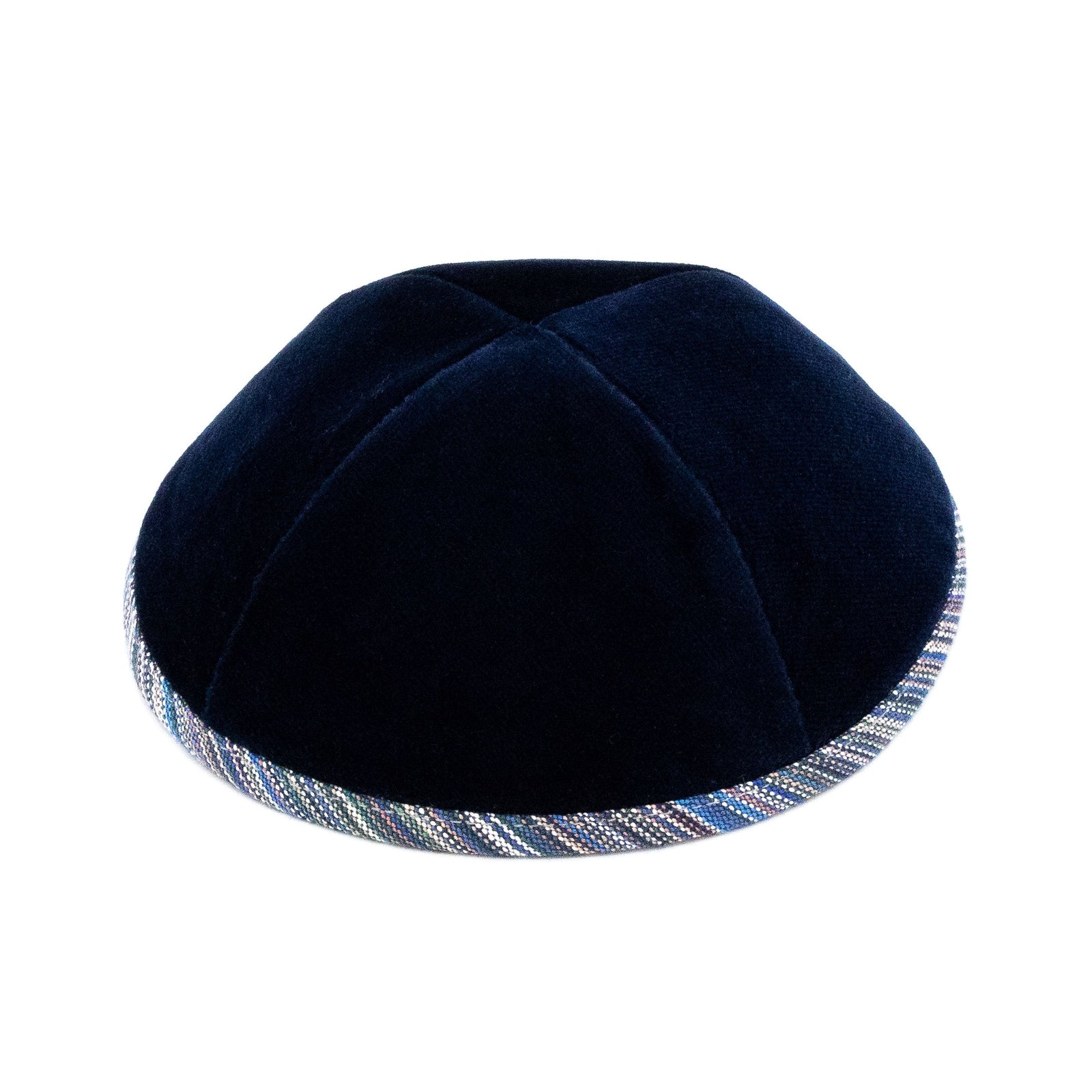 IKIPPAH NAVY VELVET W/ STRIPED BLUE RIM YARMULKE