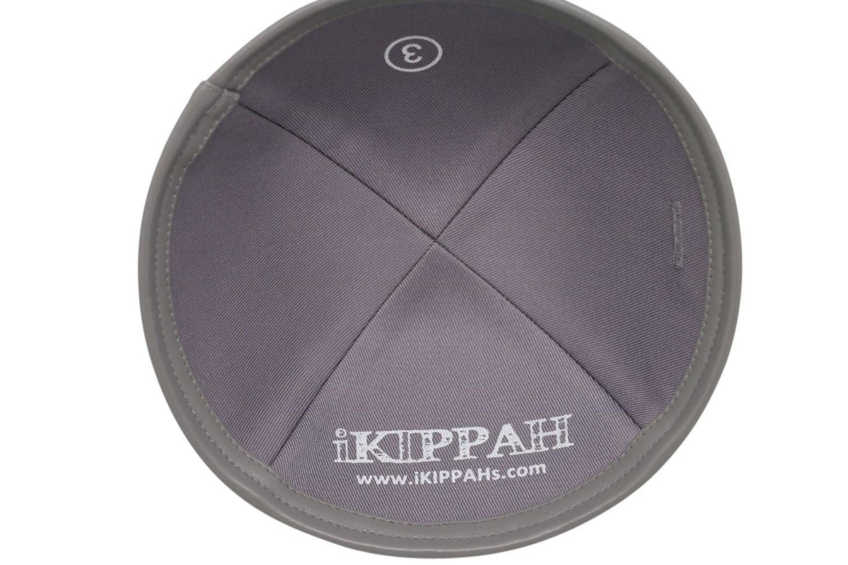 Grey linen iKIPPAH brand yarmulke with a quality leather bottom rim inside view.
