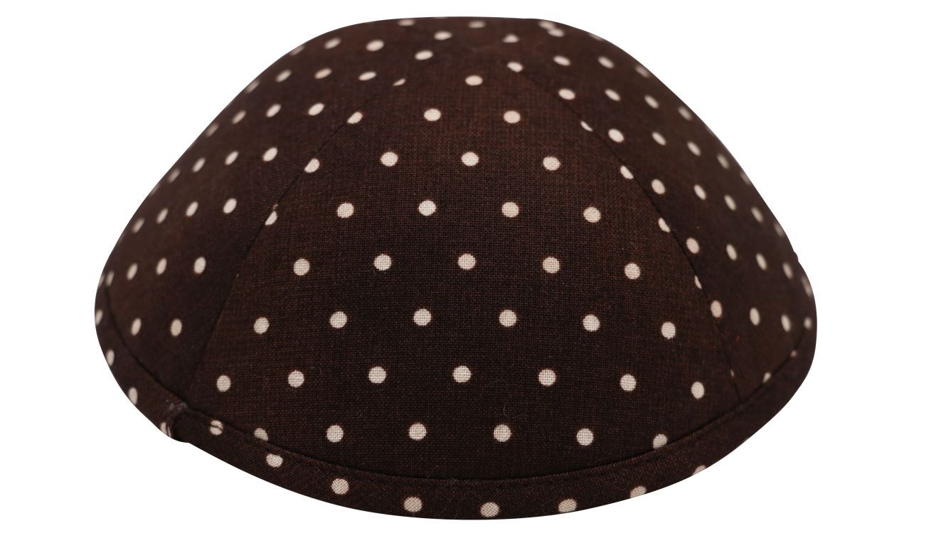 Brown iKIPPAH brand yarmulke with tiny white dots all over.