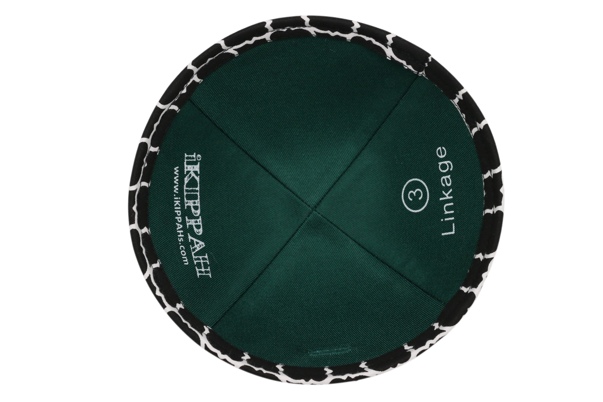 A black iKIPPAH brand yarmulke with white connected links inside view.