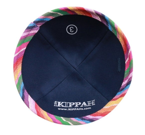 IKIPPAH NAVY VELVET W/ COLORFUL RIM YARMULKE