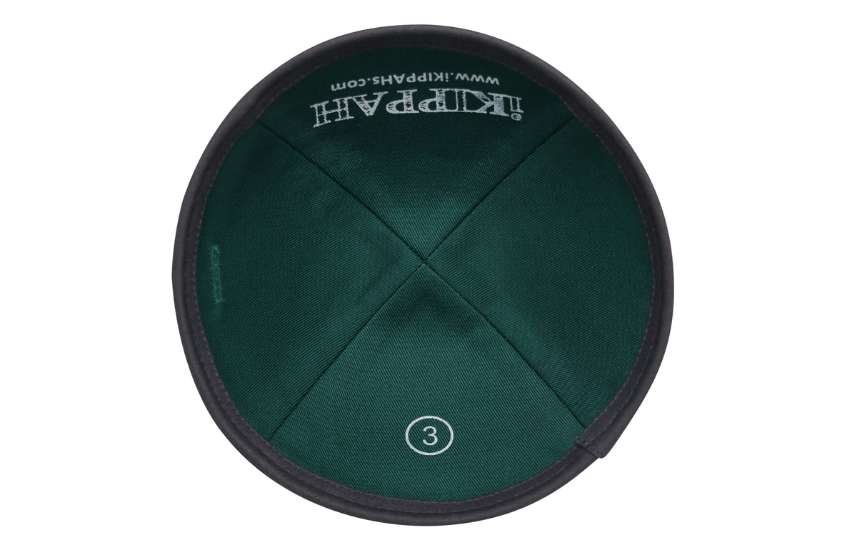 A gray iKIPPAH brand yarmulke in comfortable cotton inside view.