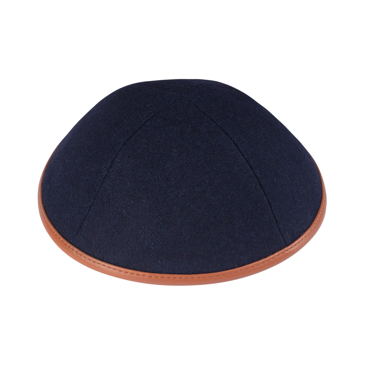 IKIPPAH NAVY WOOL W/ CAMEL LEATHER RIM YARMULKE