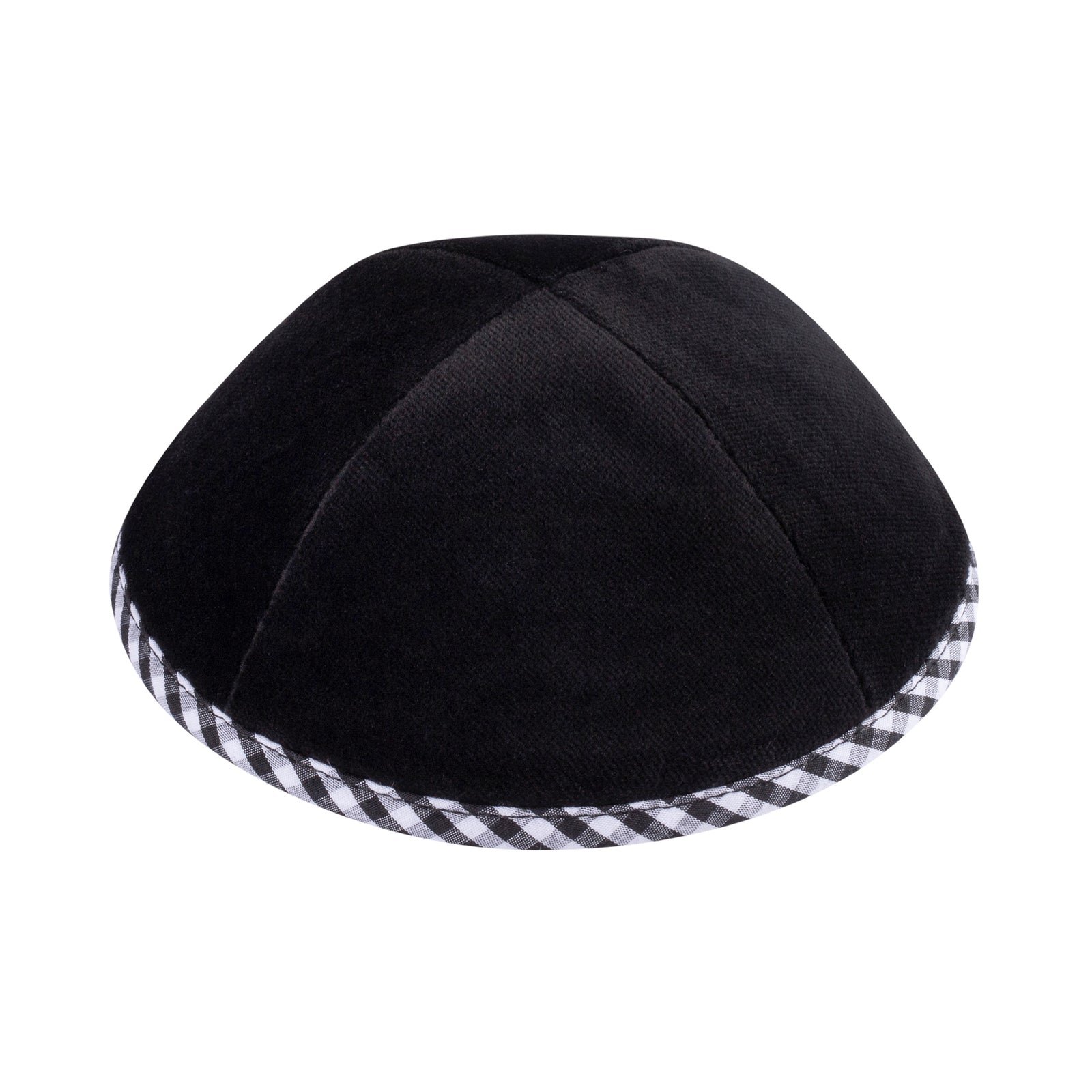 IKIPPAH BLACK VELVET W/ BLACK & WHITE GINGHAM RIM YARMULKE